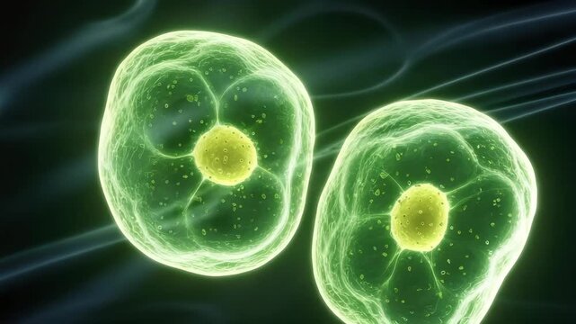 Two luminous green amoeba-like cells with yellow nuclei are shown in a close-up microscopic view against a dark background, illustrating biological processes and cellular life.
