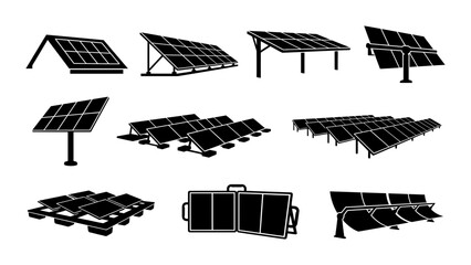 Obraz premium Silhouette collection of solar panel rack systems with rectangular arrays and support mounts
