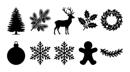 Fototapeta premium Silhouette collection of holiday icon set led by reindeer head, pine tree, hanging bauble, snowman, candy cane, wrapped gift, and ribbon detail