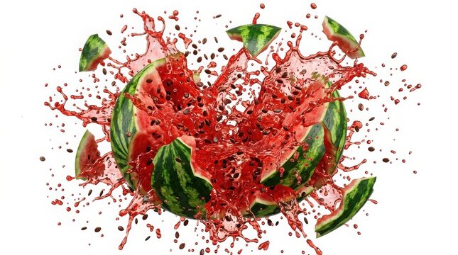 Exploding watermelon with red juice splash, fresh fruit burst with flying seeds and green rind pieces, dynamic liquid motion for beverage advertising isolated on White Background