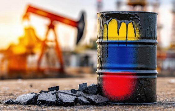 A cracked oil barrel spills oil on the coast, showing the Venezuelan flag's colors, with offshore drilling rigs in the background