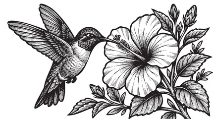 Hummingbird, flower, black and white illustration, bird drinking nectar, floral design element © Uttom Kumar