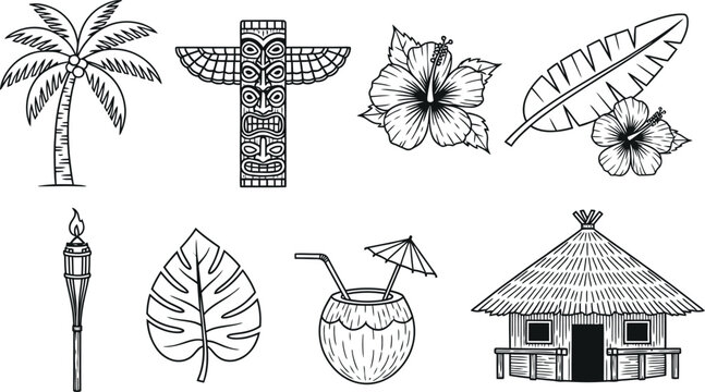 Tropical elements collection featuring palm trees tiki statues hibiscus and a beach hut isolated on transparent background