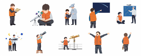 Educational flat vector illustration set of a young boy exploring astronomy, using telescopes, and learning about planets and stars © Chrristie