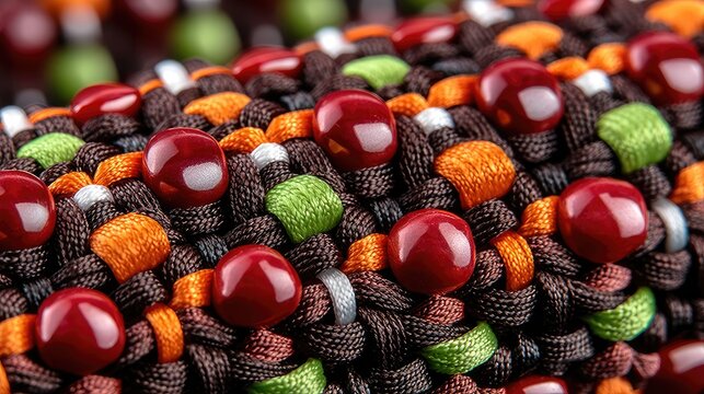 Colorful Braided Cord Bracelet with Red Bead Accents on Close Up
