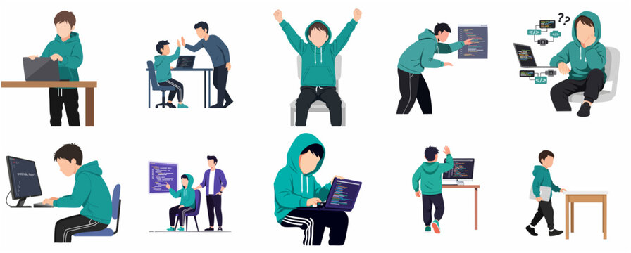 Set of vector illustrations featuring a young boy programmer coding on a laptop and desktop, learning software development with a mentor, and celebrating success in flat minimalist style.