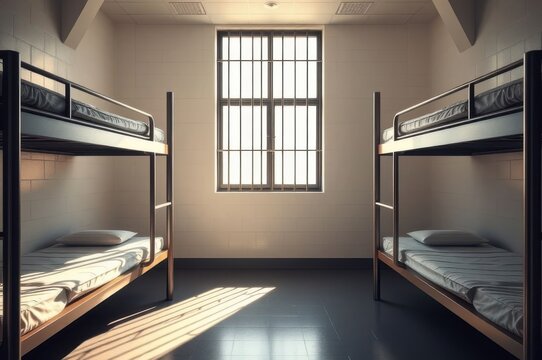 Clean prison cell with modern bunk beds and barred window with sunlight Generative AI