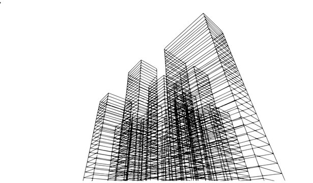 3D abstract architectural line art with intersecting geometric forms and modern building perspective vector illustration