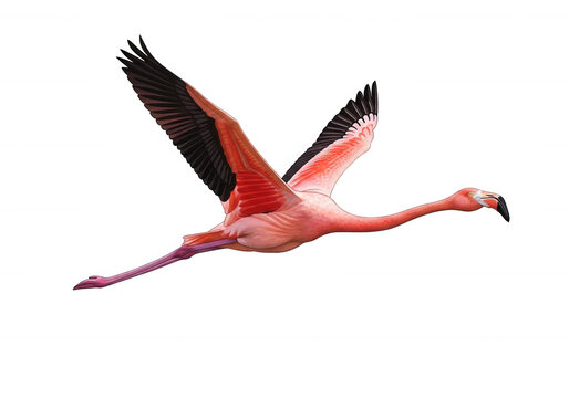 Pink flamingo bird flying with open wings isolated on transparent background