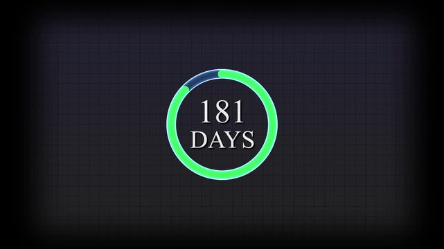 190-day calendar date text 4k animation .Countdown Timer Graphic and White 190 Days  Segmented Arc On Greed Background . calendar, text,number, days, date, countdown neon text concept.