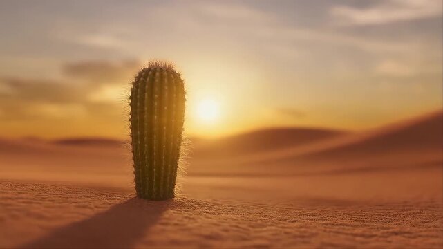Cactus Pear in Desert Landscape at Sunrise with Warm Golden Light, Soft Haze, and Detailed Spines Featuring Textured Skin, Dry Land, Sandy Ground