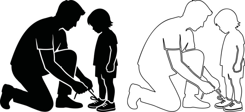 Father helping child put on shoes silhouette icon, early childhood development and parenting vector illustration