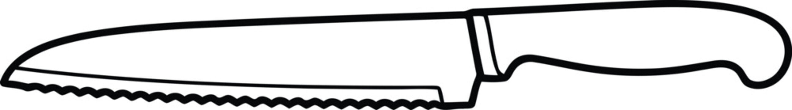 Simple black and white line art drawing of a serrated bread knife icon