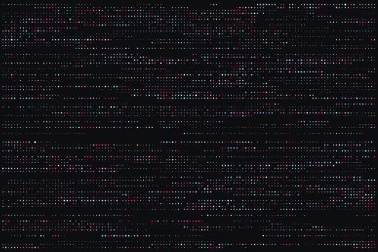 Close-up view of digital binary data matrix pattern with green, red, and blue dots on black background