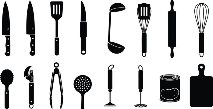 Set of black kitchen utensils and cooking tools silhouettes including knives spatula whisk rolling pin ladle and cutting board for restaurant and home culinary design