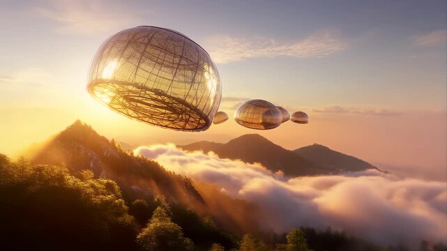 Glass Greenhouse Dome Floating Above Clouds at Golden Hour with Futuristic Sci-Fi Architecture Landscape
