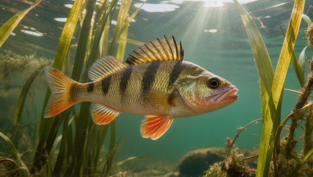 European perch fish swimming in clear freshwater lake with sunbeams and aquatic plants