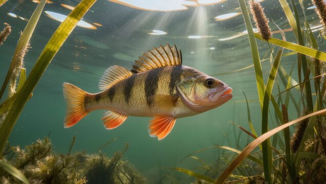 European perch fish swimming in clear freshwater lake with sunbeams and aquatic plants