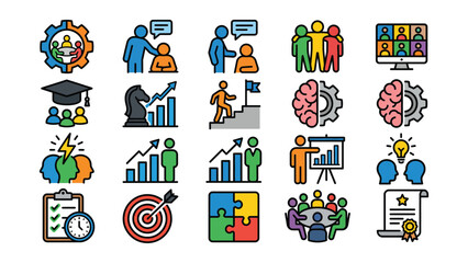 Fototapeta premium Colorful business and education icons set including people teamwork learning and strategy symbols various colorful business and education icons