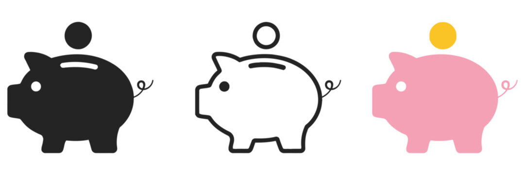 Piggy Bank Icon Set Featuring Saving Money Symbols in Different Styles, Baby Pig Piggy Bank Vector Illustration for Finance, Banking, Budgeting, and Investment Design