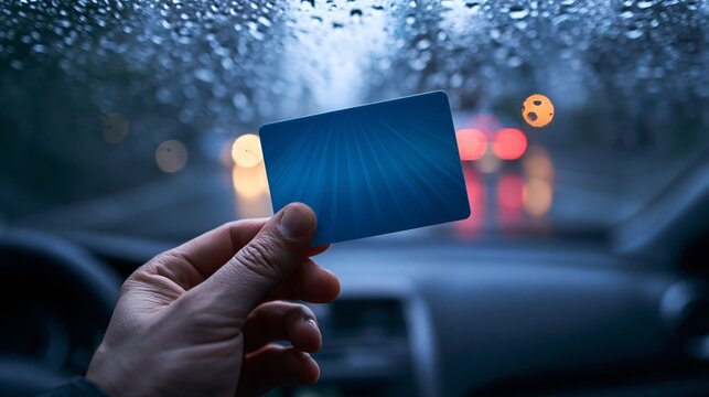 Hand holding a blue insurance card sharply focused against a blurred rainy windshield and dim car dashboard emphasizing reflections and moody lowlight ambiance at dusk.