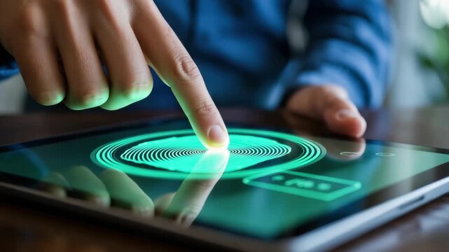 A person's index finger touches a glowing green fingerprint scan on a tablet screen, illustrating digital security and biometric authentication in technology.