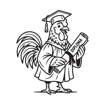Cartoon rooster wearing a graduation cap and gown holding a diploma
