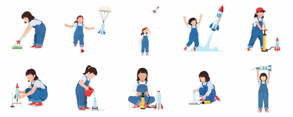 Fototapeta premium Children's Science STEM Activity Set of a Little Girl Building and Launching DIY Water Bottle Rockets