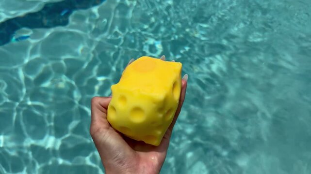 Horizontal video 4k of a woman&rsquo;s hand squeezing a cheese squishy above bright blue pool water. Trending anti-stress fidget toy for sensory relaxation