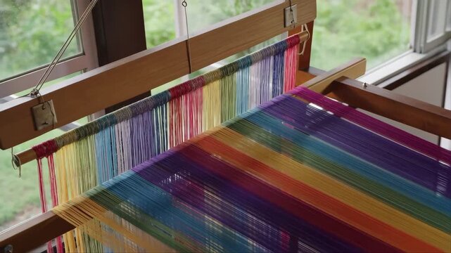 Loom Weaving Traditional Thai Silk Threads with Colorful Bands and Tensioned Fibers on a Wooden Frame by Window Light
