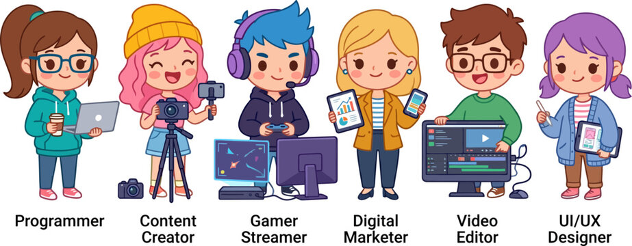 Diverse group of professional digital workers depicted as colorful vector illustrations showing modern career roles in a flat graphic style