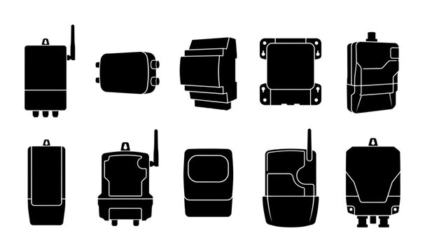 Silhouette collection of portable electronic meters with antennas, rounded housings, small cases, and control device backs
