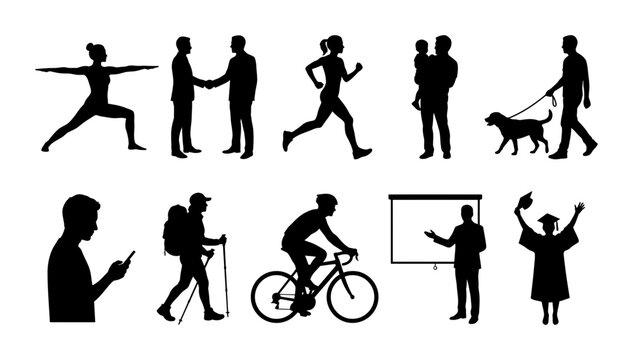 Silhouette collection of runner, handshake pair, sprinter, standing couple, dog walker, phone user, photographer, cyclist, and presenter