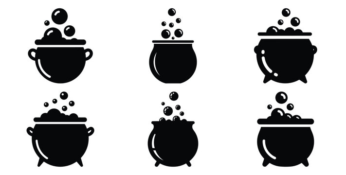Collection of cauldron with bubbles silhouette icon set. Happy Halloween icon Vector illustration on white background.