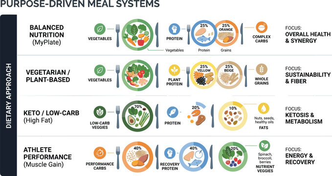 Purpose driven meal systems infographic vector illustration showcasing balanced vegetarian keto and athlete nutrition plans for diet application marketing
