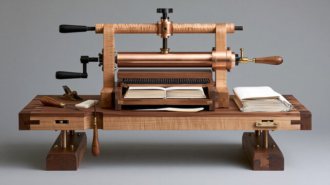Vintage Printing Press and Bookbinding with Traditional Tools and Artisanal Craftsmanship in Creative Studio Workspace