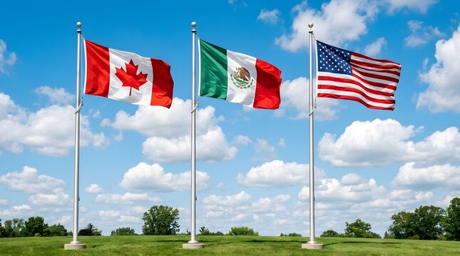 North american flags waving canada mexico and united states representing international trade and diplomacy