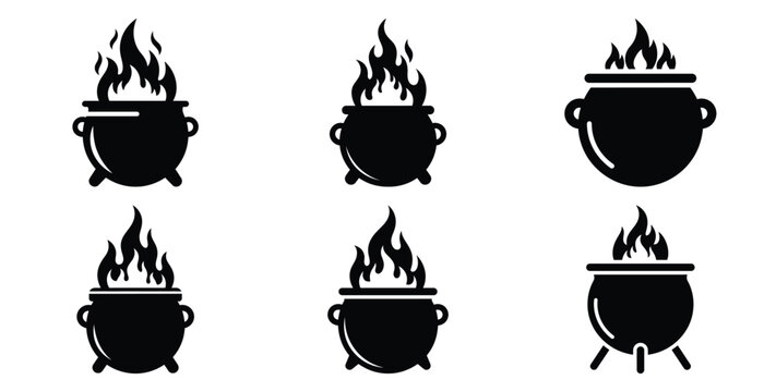 Collection of cauldron with fire silhouette icon set. Happy Halloween icon Vector illustration on white background.