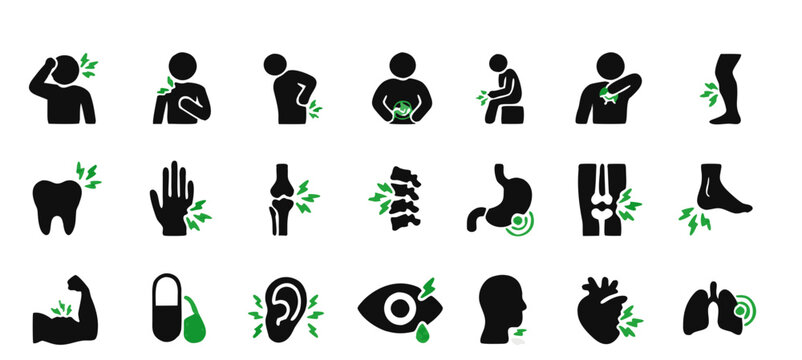 Human body pain icons with green leaf accents representing wellness and relief