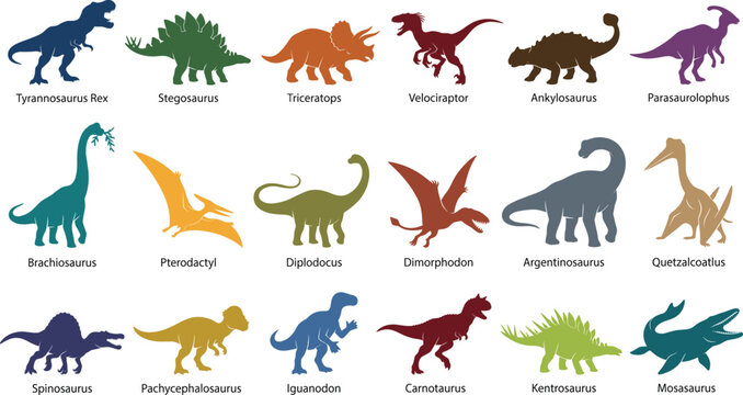 Dinosaur Silhouette Collection Featuring Prehistoric Reptiles Flying Pterosaurs and Ancient Wildlife Vector Set