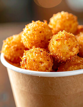 Crispy cheese balls served in paper bowl, tasty snack, appetizing street food, golden crunchy coating, soft blurred background. Close-up.