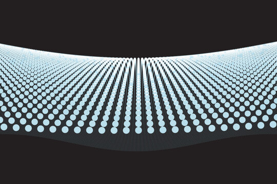 Radial curved grid of white dots on black background, abstract geometric pattern radial lines