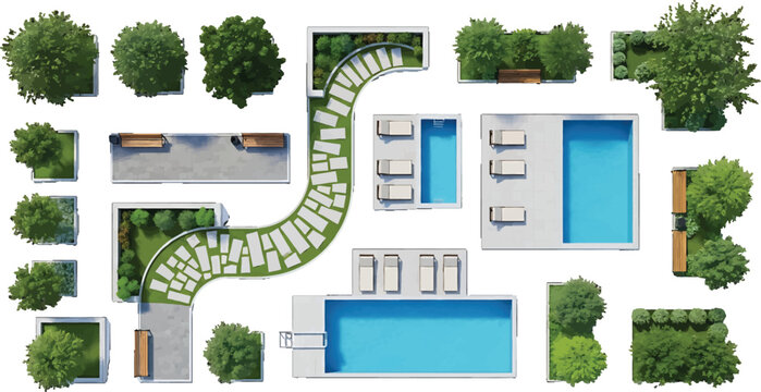 Top view landscape design elements set with swimming pools trees and stone pathways for architectural site planning