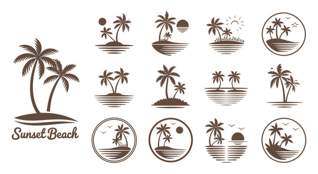 Summer Beach Island with Palm Trees in the Ocean, Travel and Holiday Resort Vector Emblem Collection, Tropical Vacation Logo Designs for Tourism and Leisure Branding