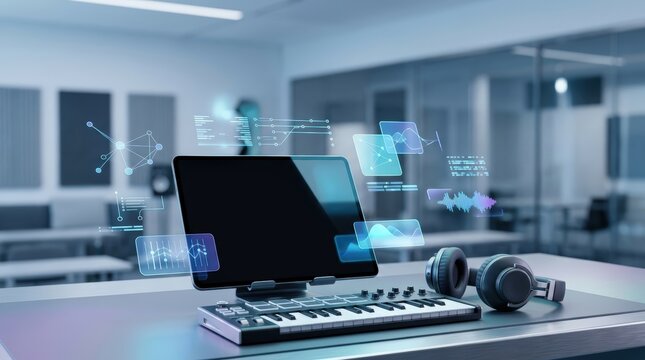 AI - assisted music practice setup with digital keyboard and blank tablet in modern classroom