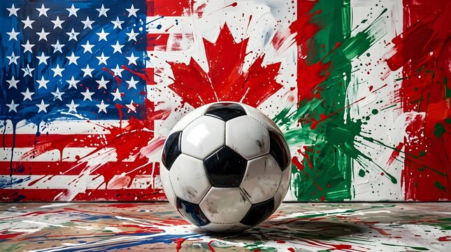 Soccer ball with painted north american flags usa canada and mexico background