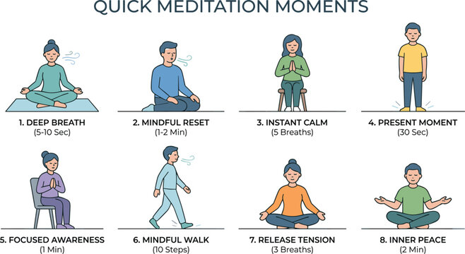 Quick meditation moments and daily mindfulness breathing exercises infographic vector chart showcasing steps for mental health marketing and corporate wellness brochures.