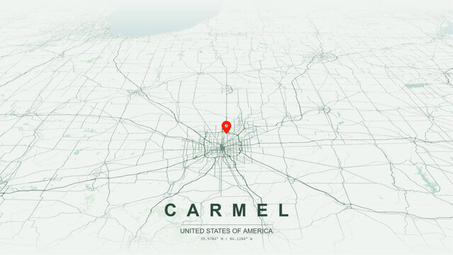 Modern minimalist vector map of Carmel, Indiana, USA. High-quality scalable illustration of Carmel city grid, Monon Trail greenway, Interstate 465, US Route 31 freeway axis for posters design.