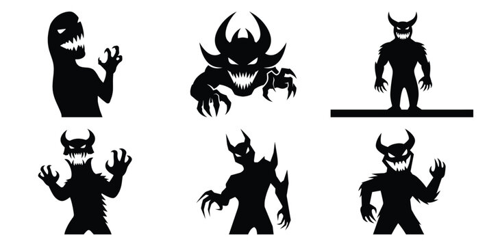 Collection of monster shadow on wall silhouette icon set. Happy Halloween icon Vector illustration on white background.