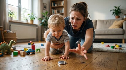 Fototapeta premium Ultra realistic photo of a modern family home interior focusing on button battery awareness and child safety